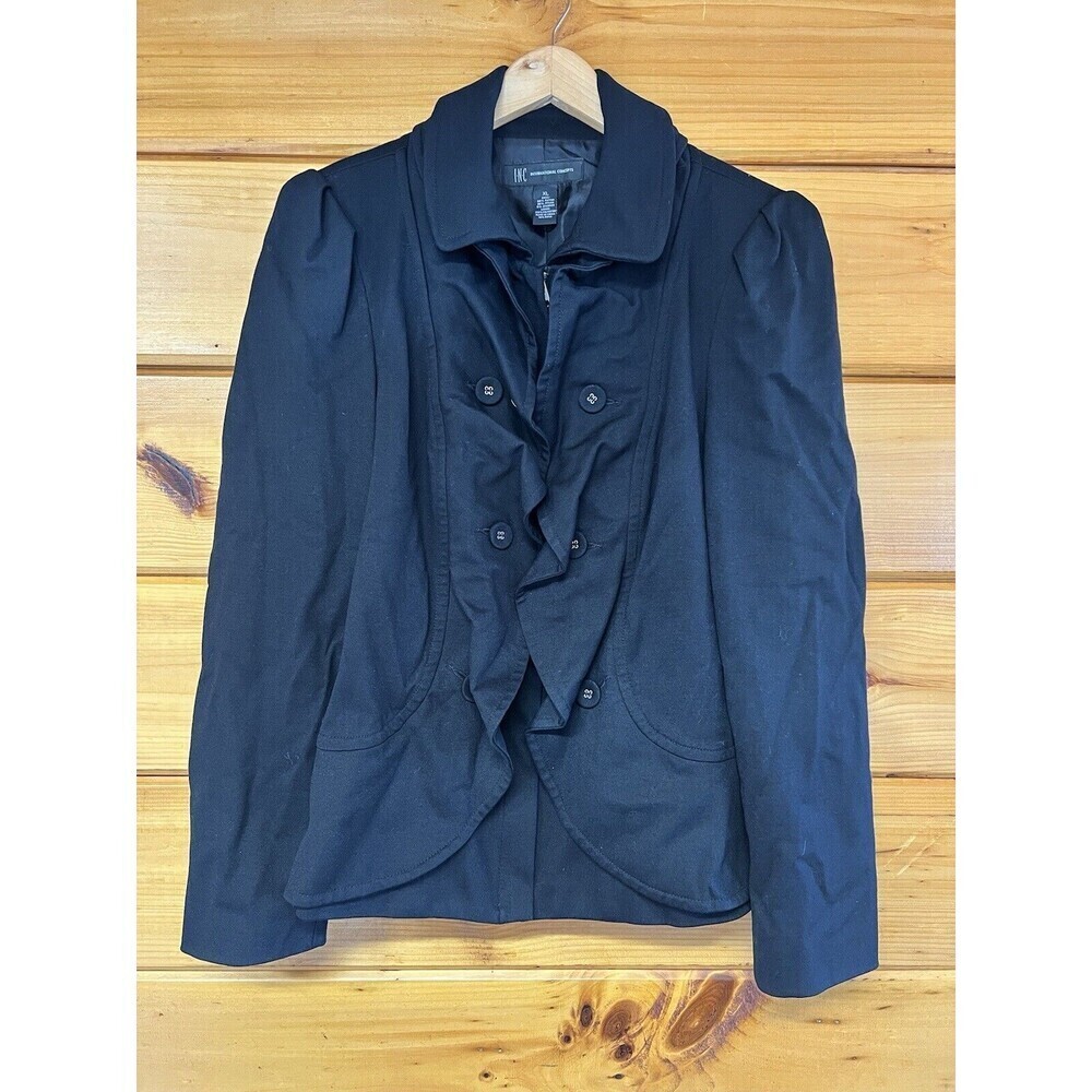 INC Jacket Women's  XL Black Full Zip Ruffle Front Stretch Collared